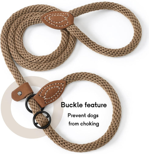 Mile High Life Heavy Duty Slip Leads for Dogs, 5 Feet No Pull Dog Training Leash with Leather Tip, Brown Rope Lead