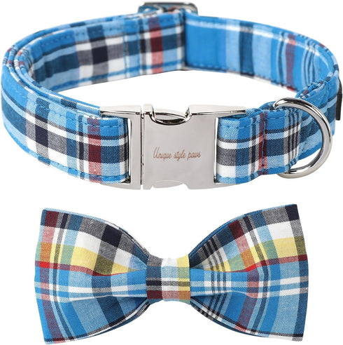 Unique Style Paws Plaid Dog Collar with Bow, Adjustable Soft and Comfy Bowtie Collars for Small Medium Large Dogs (XS)