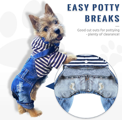 Small Dog Hoodie Clothes, Cute Stripe Shirts Denim Jumpsuit for Small Medium Dogs, Blue Jeans Overalls