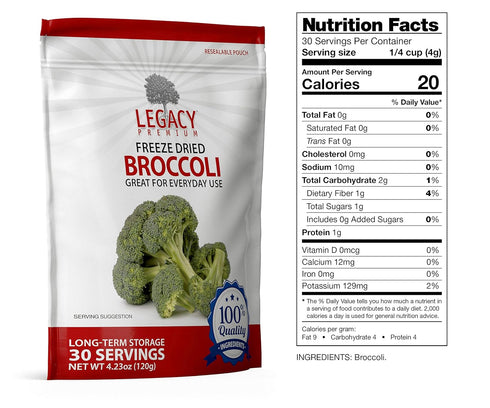 15 1) Legacy Essentials Freeze Dried Broccoli Florets- Year Shelf Life for Emergency Survival Food Storage Supply