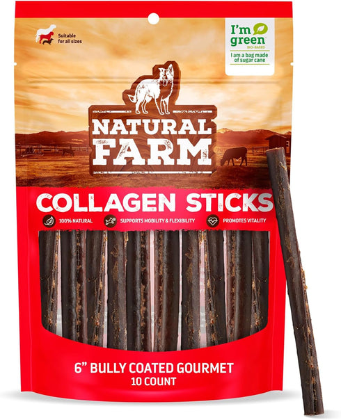 Natural Farm Odor-Free Bully Coated Gourmet Collagen Sticks (6 Inch, 10 Pack),