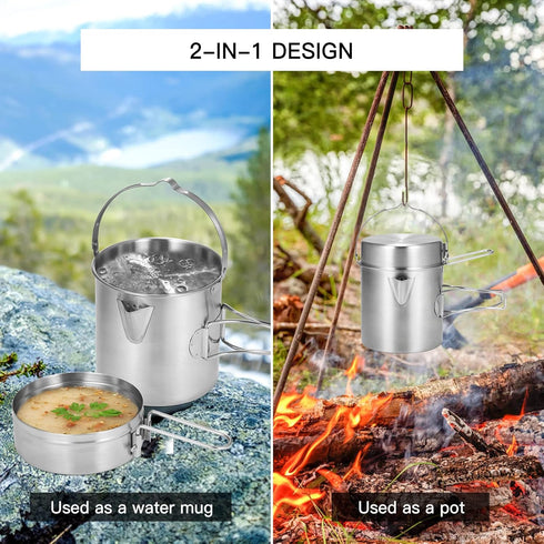 Lixada Camping Cooking Kettle 1L - Stainless Steel Pot with Foldable Handle for Hiking Backpacking Picnic