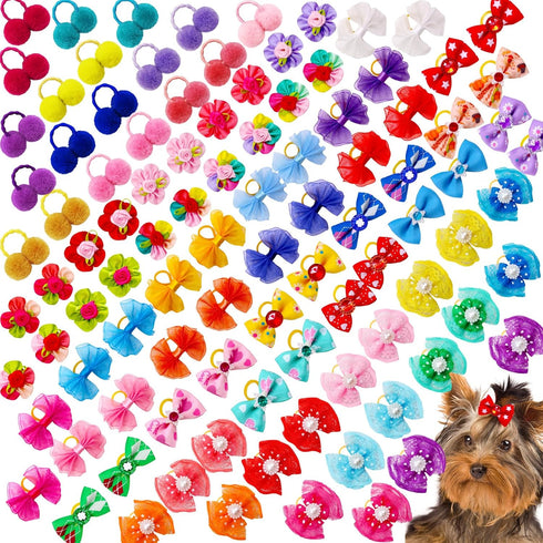100pcs Dog Hair Bows, Bulk Cute Puppy Pet Small Dog Hair Bows with Rubber Bands for Grooming Accessories