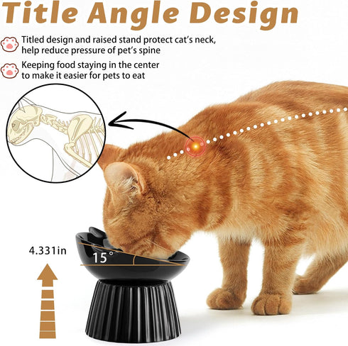 Ceramic Tilted Raised Cat Bowl, Anti Vomit Feeder for Indoor Cats, Whisker Friendly, Microwave & Dishwasher Safe