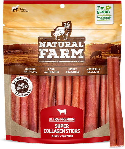 Natural Farm Odor-Free Super Collagen Dog Chews (6-Inch, 20-Pack) 100% Natural Angus Hide Collagen Treats