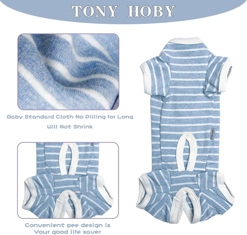 TONY HOBY Stripes 4 Legged Pet Dog Pajamas, Soft Cotton Jumpsuit for Dogs (XL, Blue+White-Boys)