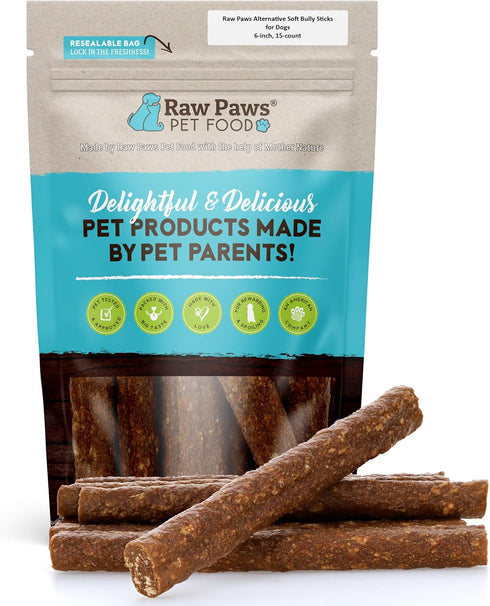 Raw Paws Alternative Soft Bully Sticks for Dogs - 6-inch, 15-ct, Made in USA, Soft Chews for Senior Dogs