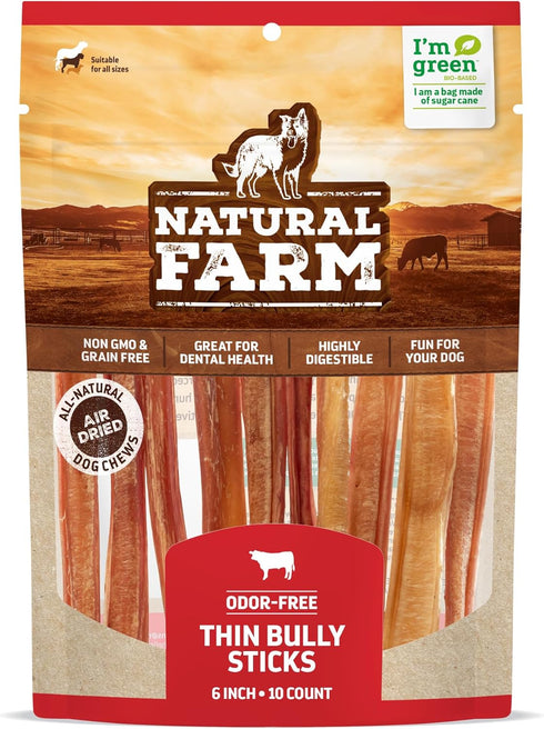Natural Farm Odor-Free Thin Bully Sticks, 6” (10-pack), 100% Beef Pizzle, Grain-Free, Long-Lasting Dog Chews