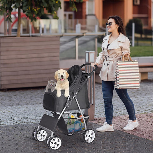 4 ZENY Foldable Pet Stroller, Cat/Dog Stroller with Wheel, Pet Travel Carrier Strolling Cart with Storage Basket, Cup