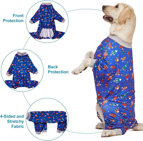 LovinPet Large Dog Pajamas, Navy Rocket and Spaceship Print, Lightweight Stretchy Knit Onesies for Dogs