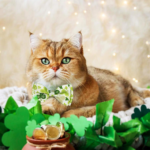 Pohshido 2 Pack St. Patrick's Cat Collar with Bow Tie and Bell, Breakaway Lucky Irish Shamrock Collar for Male and