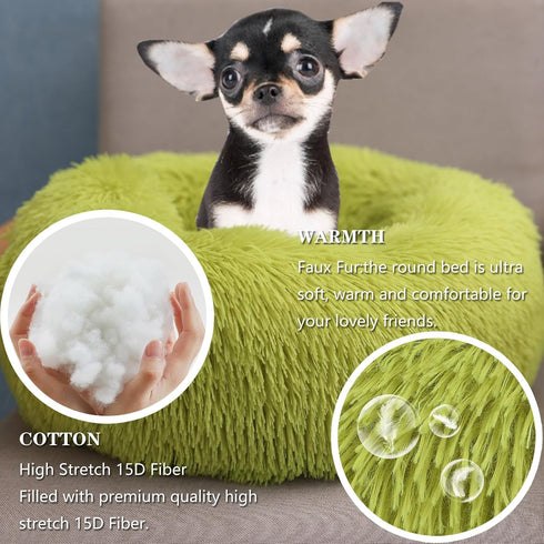 Extra Small Green Washable Dog Bed, 15 inches Donut Soft Pet Bed, Calming Anti-Anxiety Round for Pets up to 5 lbs.