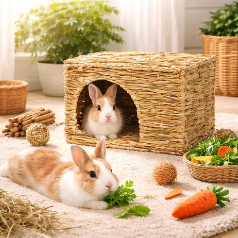 Chinchilla (2 Pack) HERCOCCI Extra Large Grass House for Rabbit, Foldable & Comfortable - Small Animal Hut Play