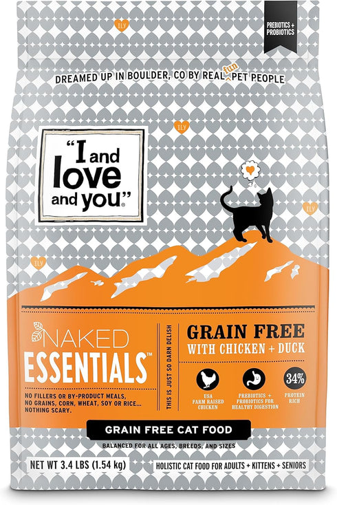I and love and you Naked Essentials Dry Cat Food, Chicken + Duck, Grain Free, Real Meat, 3.4lb Bag