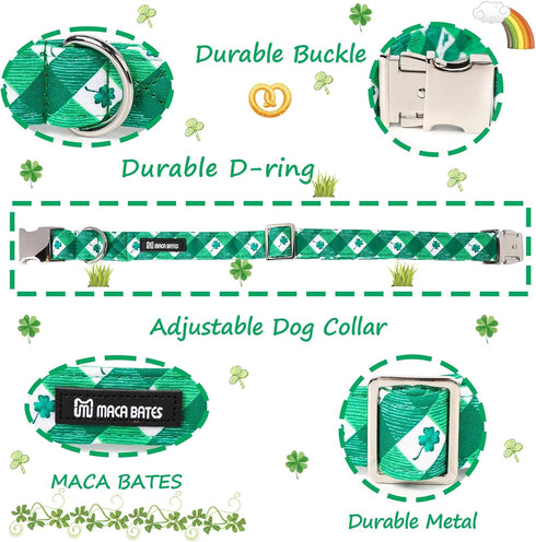Maca Bates Clover Dog Collar, Comfortable Soft St. Patrick's Day Collar with Adjustable Metal Buckle