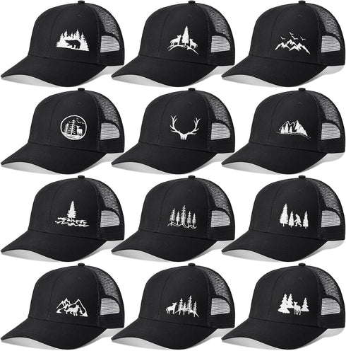 Hercicy 12 Pcs Black Frost Wild Mountain Pine Tree Trucker Hat - Adjustable Mesh Snapback Baseball Caps for Men Women