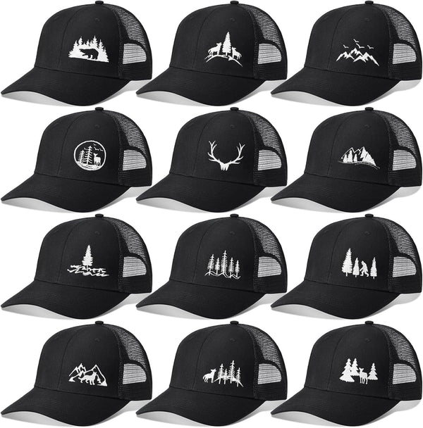 Hercicy 12 Pcs Black Frost Wild Mountain Pine Tree Trucker Hat - Adjustable Mesh Snapback Baseball Caps for Men Women