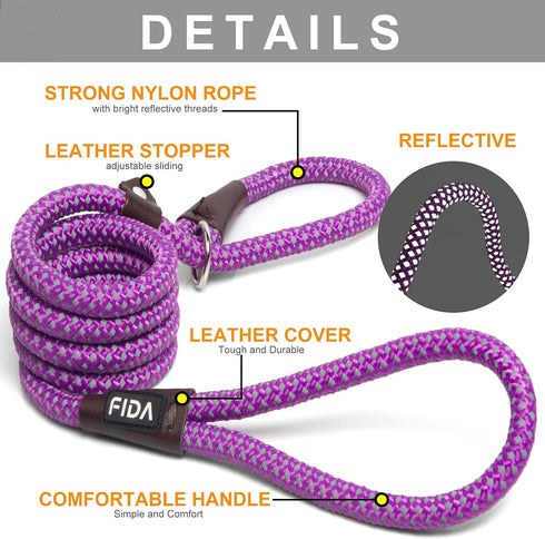 Fida Durable Slip Lead Dog Loop Leash, 6 FT x 1/2" Heavy Duty , Comfortable Strong Rope Leash for Large, Medium Dogs, No Pull Pet Training Leash with Highly Reflective, Purple