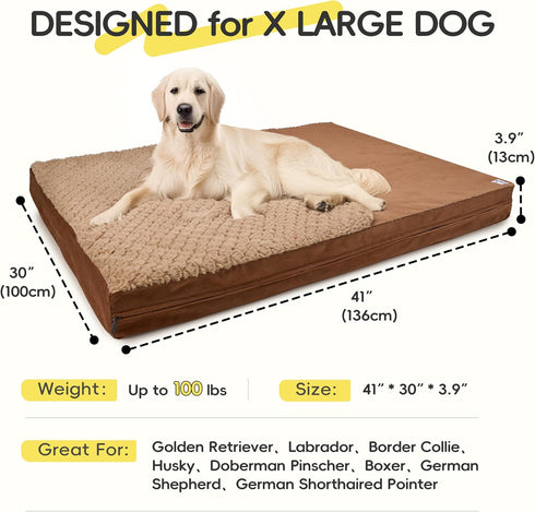 Sytopia 41 Inch XLarge Dog Bed, Reversible Waterproof Orthopedic with Removable Washable Cover for Large Dogs, Brown