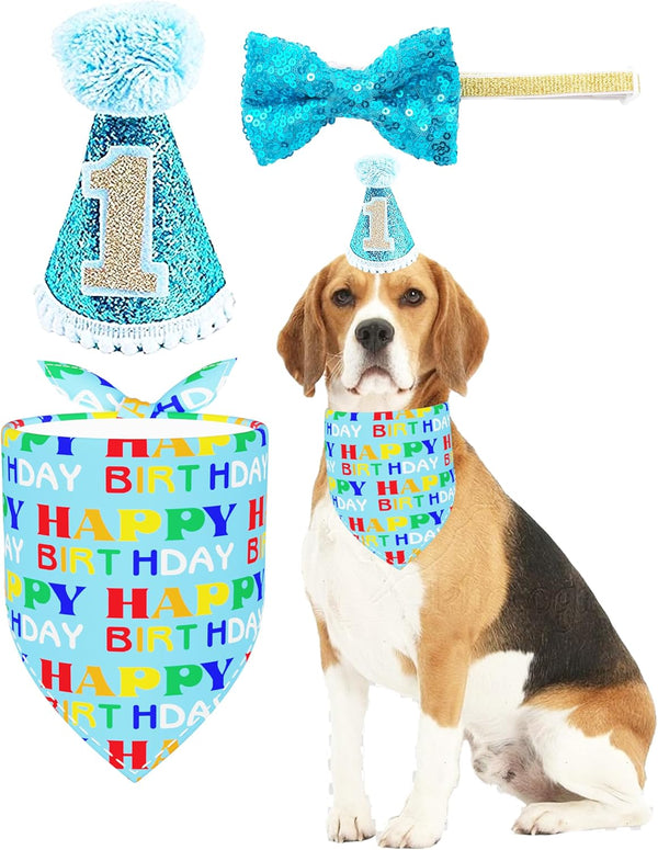 PET SHOW Dogs 1st Birthday Hats and Bandanas Set - Photo Props for 1-Year-Old Cats and Dogs (Blue)