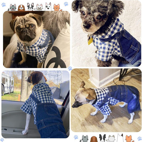 Pet Clothes Denim Dog Jeans, Striped or Grid Jumpsuit Overall Hoodie Coat for Small Medium Dogs