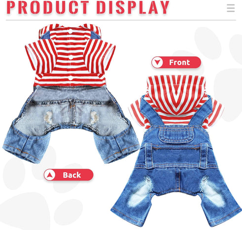 Small Dog Hoodie Clothes Cute Stripe Shirts Denim Jumpsuit One-Piece Outfit for Small Medium Dogs Cats Boy Girl