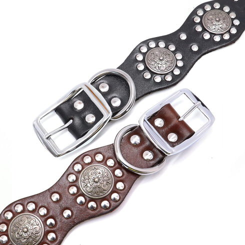 PET ARTIST Genuine Leather Dog Collar - Unique Design & Sturdy Leather, Heavy Duty for Rottweiler Pitbull Medium &