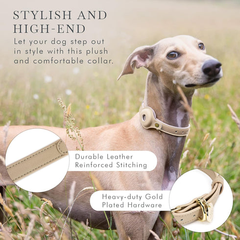 Cupertino Dog Collars, Harnesses & Leashes - Vegan Leather with Dog Tracker Device Holder, Adjustable (Small, Beige)