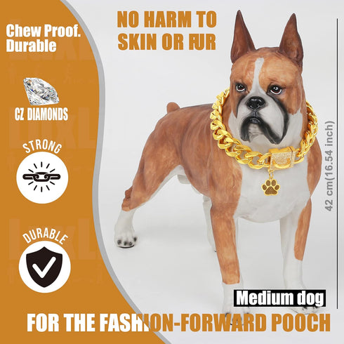 Designer Luxury Dog Chain Collar in Gold with CZ Buckle, 19mm Cuban Link for Small, Medium, Large Dogs with Tag & Bell