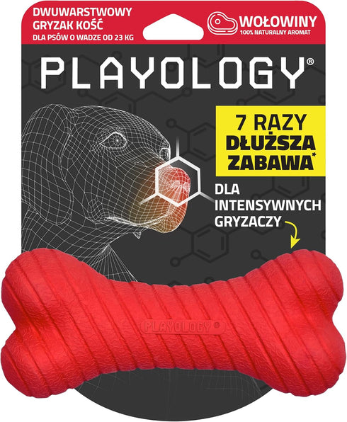 Playology Dog Toys Dual Layer Bone Chew Toy - Durable Rubber for Large Dogs - Beef Scented Red Toy Bones Made from Non