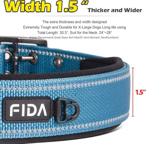 Fida Heavy Duty Dog Collar - Ultra Soft Neoprene Padded, Adjustable Reflective Nylon for Extra-Large Breeds (XL, Blue)
