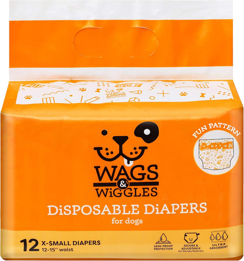 Wags & Wiggles Female Dog Diapers, X-Small, 12"-15" Waist, Disposable Doggie Diapers (Pack of 12)