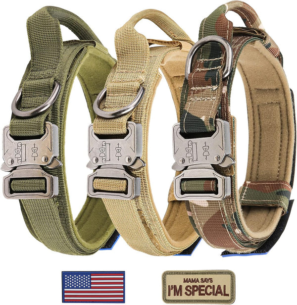 KCUCOP Military Tactical Dog Collar with 2 Patches, 1.5" Width, Adjustable Heavy Duty Metal Buckle for M, L, XL Dogs