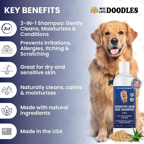 3-in-1 16 oz Premium Sensitive Skin Dog Shampoo, Great for Allergies, Itching, Scratching, Anti-Itch Shampoo for Dogs