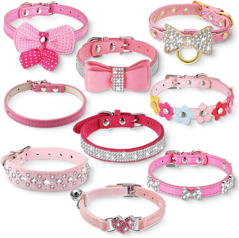 9 Pieces Pink Rhinestones Dog Collar, PU Leather Bling Crystal Collars with Bow, Bone, Heart, Flower for Pets