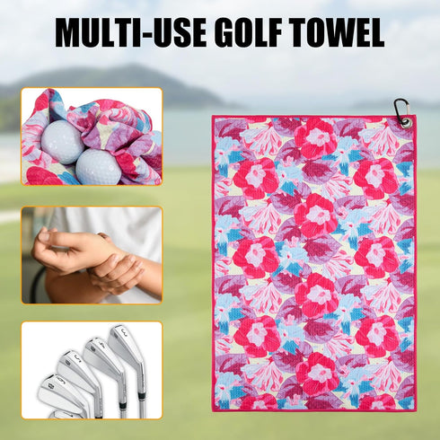 Pink Flowers Golf Towel - Womens Microfiber Waffle Golf Towels for Bags with Clip, Gifts for Women Golfer Wife