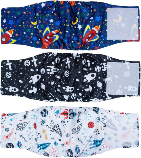 Pet Soft Dog Belly Band, 3 Packs Reusable Male Dog Diapers Wraps, Washable Belly Bands for Male Dogs (Space, XS)