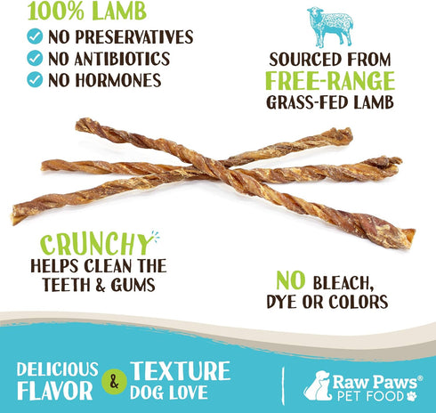 Raw Paws Lamb Esophagus Twists for Dogs, 12 inch, 5-ct - Packed in USA - Lamb Weasand Twist - Natural Dog Lamb Treats from Free-Range Sheep - Lamb Dog Treats - Gullet Lamb Esophagus Dog Treats