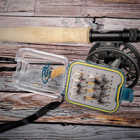 SF Plastic Fly Fishing Box, Waterproof Pocket, Double Side Clear Lid, Easy Grip Black Foam with Lanyard