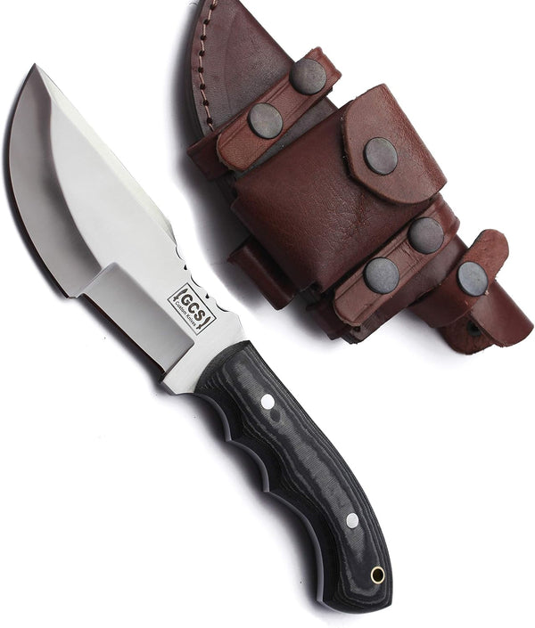 GCS 213 Tactical Knife with G10 Handle, D2 Tool Steel, Full Tang Blade, Leather Sheath for Hunting & EDC
