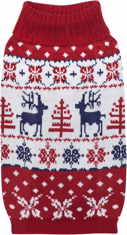 Blueberry Pet Ugly Christmas Reindeer Dog Sweater, Turtleneck Holiday Matching Clothes for Medium Dogs, Tango Red &