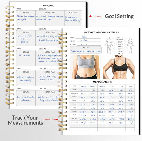Fitness Journal Workout Planner, A5 (6.4" x 8.3") Undated Journal for Men & Women to Track Progress and Achieve Goals