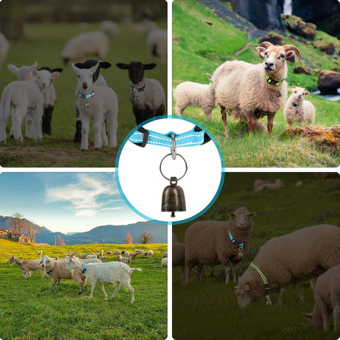 5 Pack Reflective Goat Collars with Bells, Adjustable Nylon Collar Set for Small Farm Animals, Loud Bronze Bell for