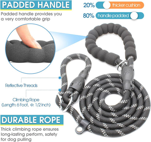 BAAPET 6 Feet Anti-Choking Dog Leash, Black, Durable Rope Cover, Padded Handle, Training with Poop Bags