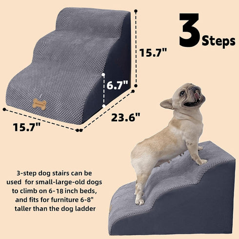 Dog Stairs for High Beds, 3-Step Small Large Dog Steps for Couch/Bed, Non-Slip Sticker Balanced Indoor Step, 30D Grey