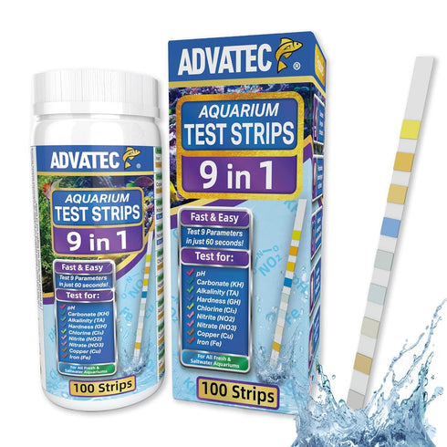 9 in 1 Aquarium Test Strips for Salt & Freshwater, Fish Tank Tester Kit for Iron, Copper, pH, Nitrate & More