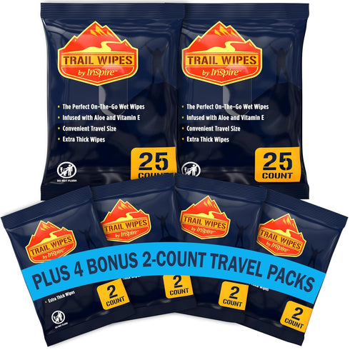 Inspire Trail Wipes, Camping Body Wipes for Adults, Biodegradable with Aloe and Vitamin E (50 Count, 2 Packs)