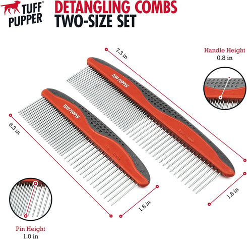 Tuff Pupper Dog Grooming Comb Set, Ergonomic Pet Detangling Combs, No-Slip Handle, Rounded Tips