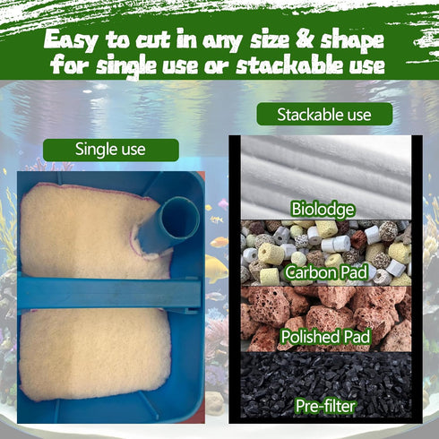 Aquarium Filter Floss 12" x 72", Dual Density Pad for Fish Tank, Pond Filter Media Roll for Freshwater & Saltwater
