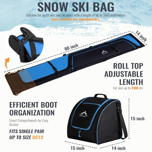 Ski Bag and Boot Bag Combo - Padded Ski Carrier Bag for Air Travel, Fits Skis Up to 200 CM